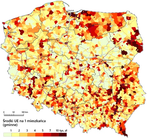 mapa Polski środki UE na mieszkańca
